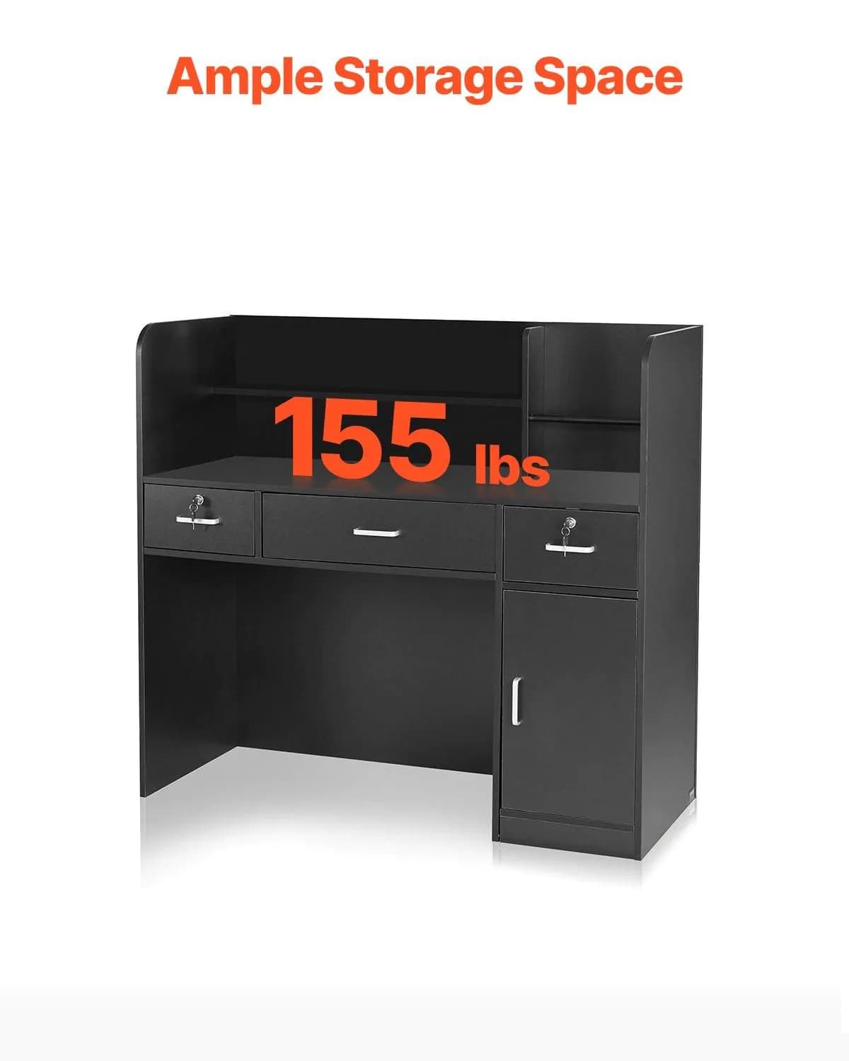 image-VEVOR Reception Desk, 47 Inch Rectangular Front Counter Table, Office Reception Counter with Lockable Drawer and Storage Cabinet, for Checkout, Lobby, Beauty Salon and Office, Black