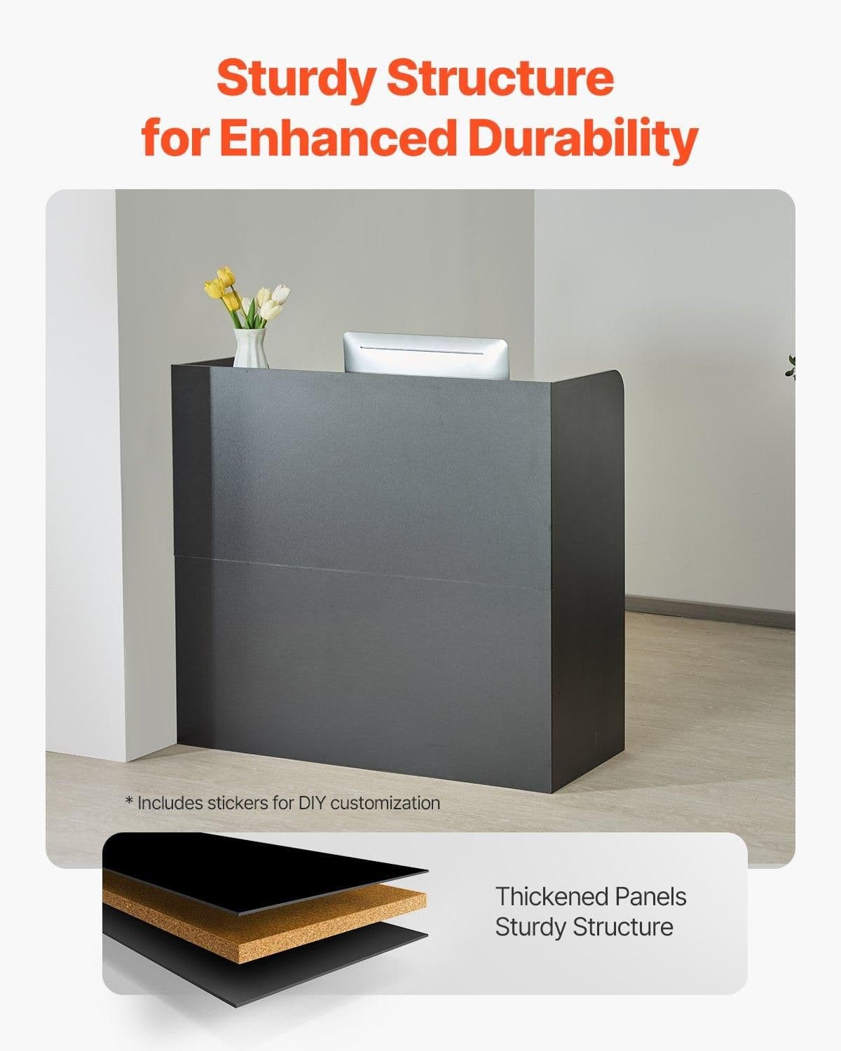 image-VEVOR Reception Desk, 47 Inch Rectangular Front Counter Table, Office Reception Counter with Lockable Drawer and Storage Cabinet, for Checkout, Lobby, Beauty Salon and Office, Black