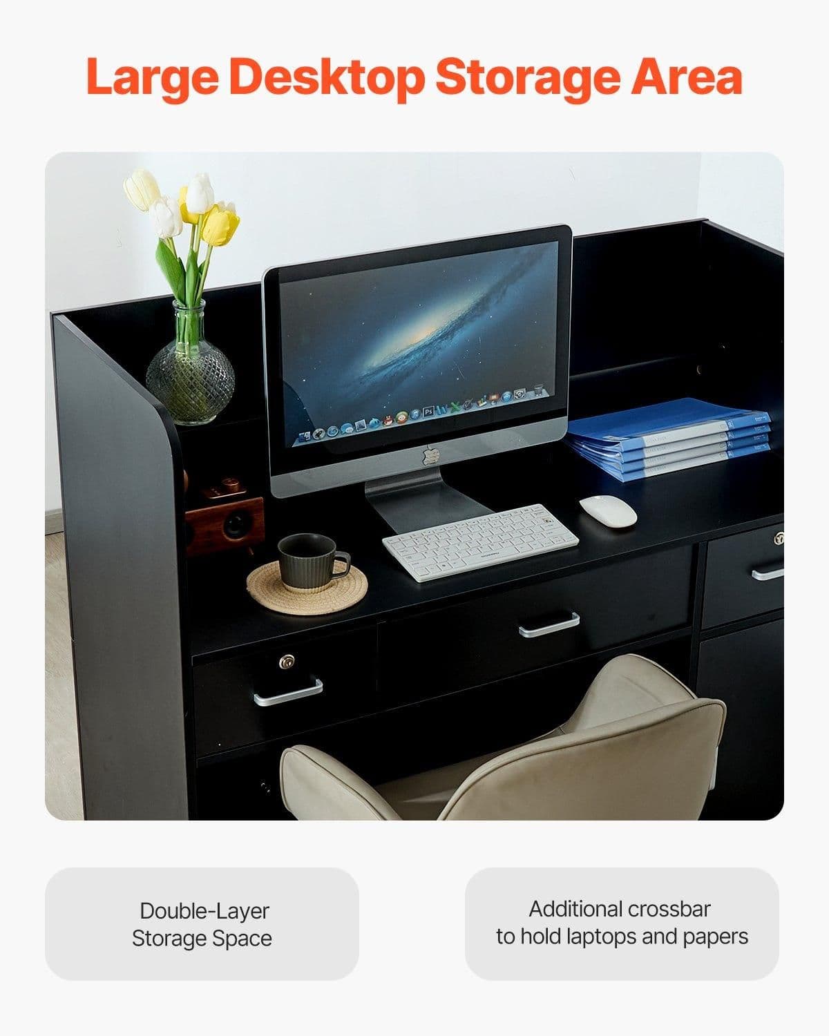 image-VEVOR Reception Desk, 47 Inch Rectangular Front Counter Table, Office Reception Counter with Lockable Drawer and Storage Cabinet, for Checkout, Lobby, Beauty Salon and Office, Black