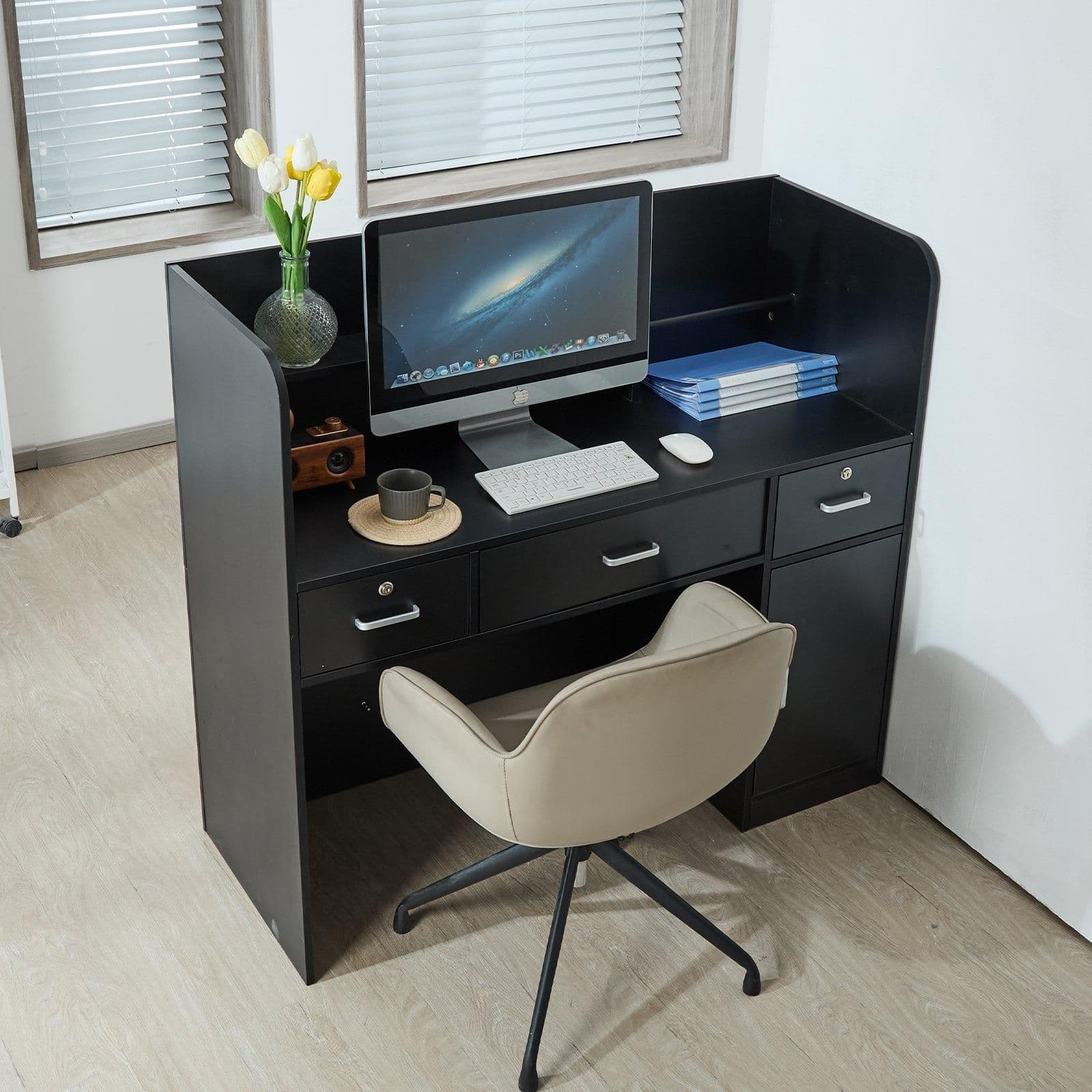 image-VEVOR Reception Desk, 47 Inch Rectangular Front Counter Table, Office Reception Counter with Lockable Drawer and Storage Cabinet, for Checkout, Lobby, Beauty Salon and Office, Black