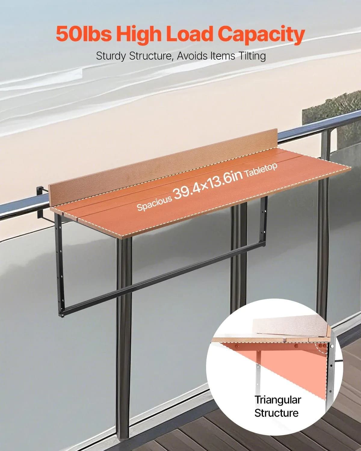 image-VEVOR Balcony Hanging Table, 15 x 39 in Folding Balcony Railing Table, Outdoor Balcony Bar Table for Railings, 5-Level Adjustable, Fit Railing from 1" to 5.3", Serving Table for Patio & Deck