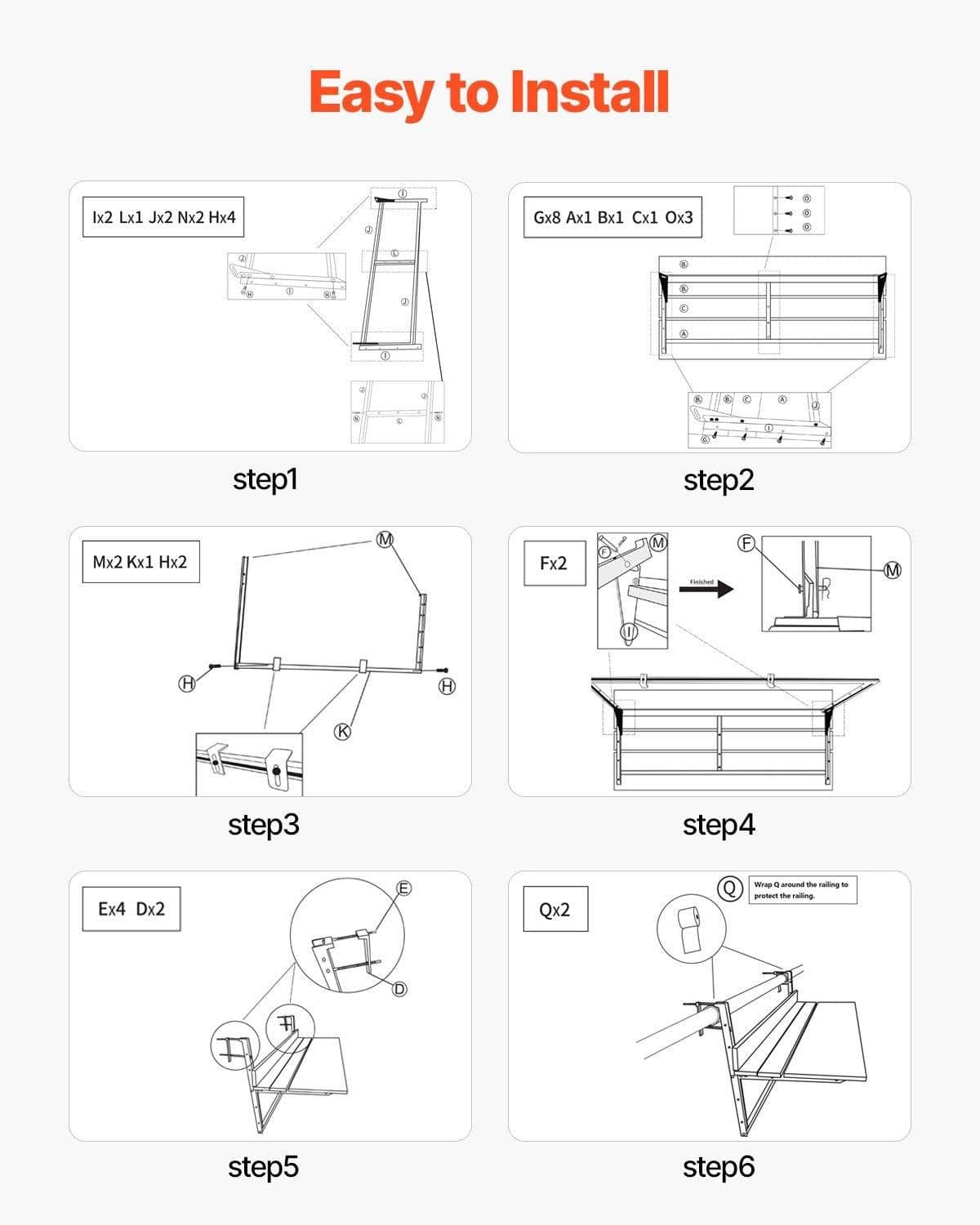 image-VEVOR Balcony Hanging Table, 15 x 39 in Folding Balcony Railing Table, Outdoor Balcony Bar Table for Railings, 5-Level Adjustable, Fit Railing from 1" to 5.3", Serving Table for Patio & Deck
