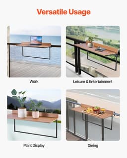 image-VEVOR Balcony Hanging Table, 15 x 39 in Folding Balcony Railing Table, Outdoor Balcony Bar Table for Railings, 5-Level Adjustable, Fit Railing from 1" to 5.3", Serving Table for Patio & Deck