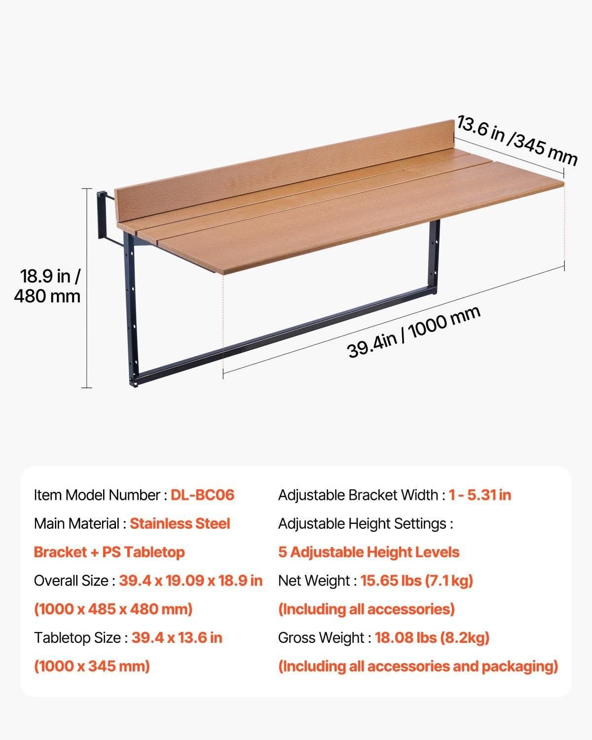 image-VEVOR Balcony Hanging Table, 15 x 39 in Folding Balcony Railing Table, Outdoor Balcony Bar Table for Railings, 5-Level Adjustable, Fit Railing from 1" to 5.3", Serving Table for Patio & Deck