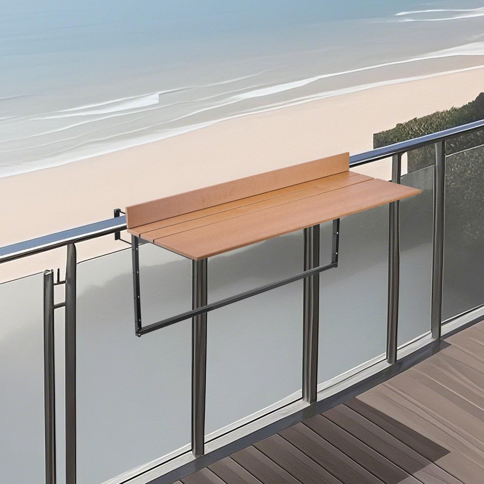 image-VEVOR Balcony Hanging Table, 15 x 39 in Folding Balcony Railing Table, Outdoor Balcony Bar Table for Railings, 5-Level Adjustable, Fit Railing from 1" to 5.3", Serving Table for Patio & Deck