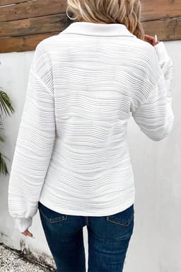 image-White Zip V Neck Textured Sweatshirt