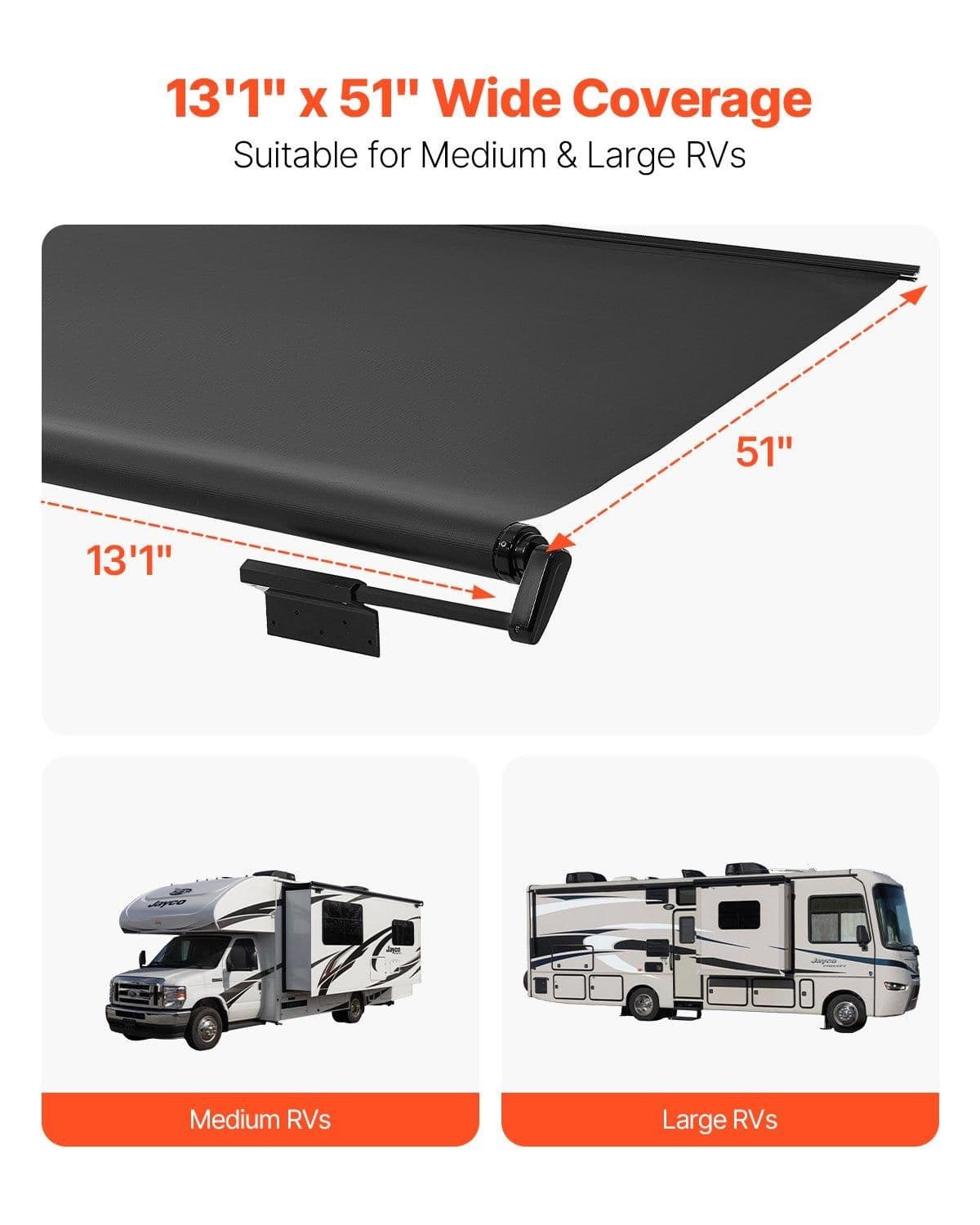 image-VEVOR Camper Awning Fabric Replacement, 1" to 13', Weatherproof Durable Slide Topper Awning with Bracket, Heavy Duty Slide Topper Awning with Stainless Steel Material, Fit for RV & Motorhome(Black)