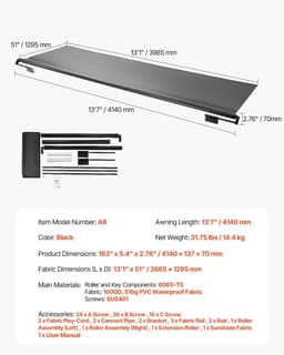 image-VEVOR Camper Awning Fabric Replacement, 1" to 13', Weatherproof Durable Slide Topper Awning with Bracket, Heavy Duty Slide Topper Awning with Stainless Steel Material, Fit for RV & Motorhome(Black)