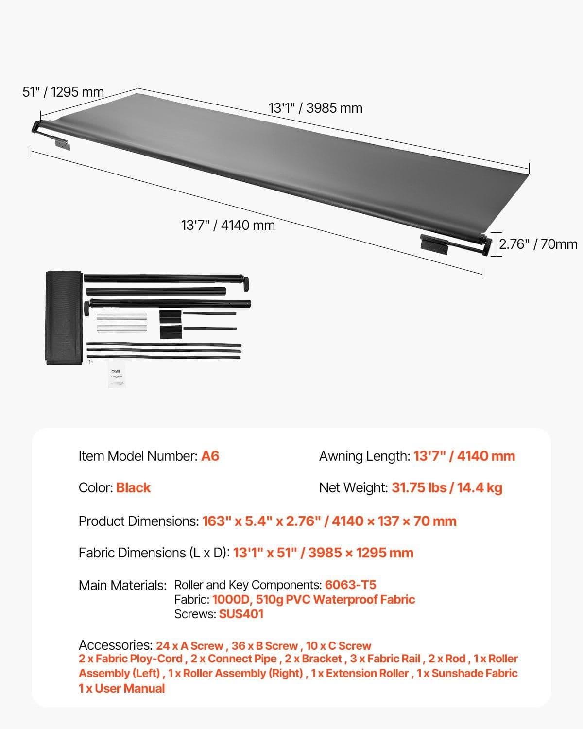 image-VEVOR Camper Awning Fabric Replacement, 1" to 13', Weatherproof Durable Slide Topper Awning with Bracket, Heavy Duty Slide Topper Awning with Stainless Steel Material, Fit for RV & Motorhome(Black)