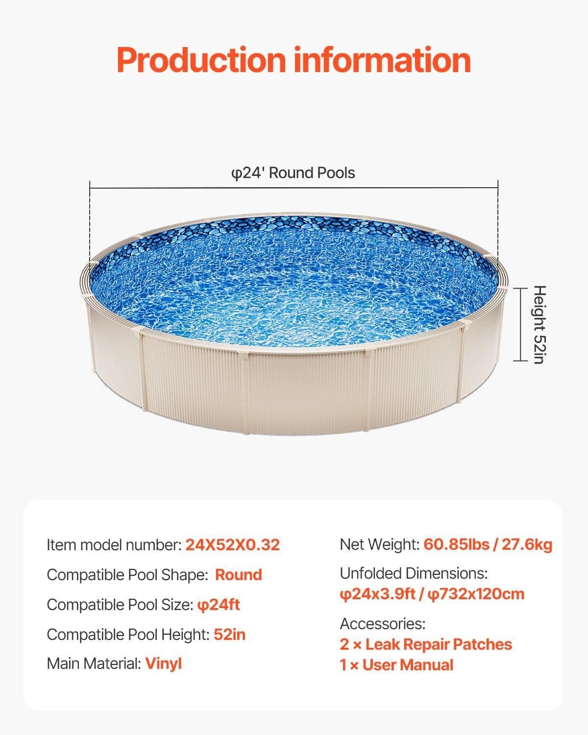 image-VEVOR 24-ft Round Above Ground Pool Liner, Unibead Pool Liners, Standard Gauge, 52inch Wall Height, Designed for Steel Sided Above-Ground Swimming Pools