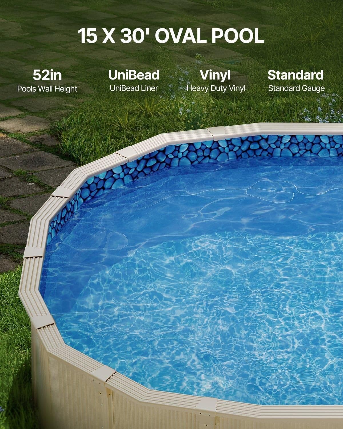 image-VEVOR 15 x 30 ft Oval Pool Liner, Unibead Above Ground Pool Liners, 52in Wall Height, Durable Standard Gauge Vinyl, Designed for Steel Sided Above-Ground Swimming Pools