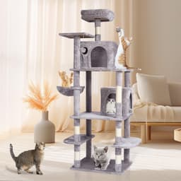 image-VEVOR Cat Tree for Indoor Cats, 68.5" Cat Tower with 2 Cat Condos, Sisal Scratching Post, Hammock, Top Perch, Jumping Platforms, Large Cat Furniture Activity Center with Hang Ball, Light Grey