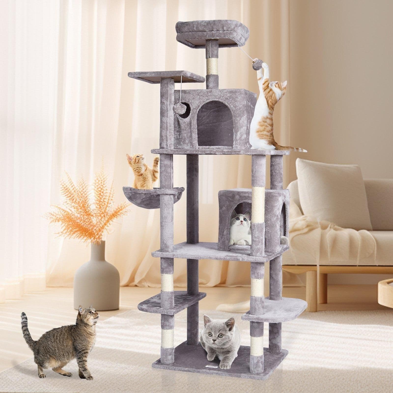 image-VEVOR Cat Tree for Indoor Cats, 68.5" Cat Tower with 2 Cat Condos, Sisal Scratching Post, Hammock, Top Perch, Jumping Platforms, Large Cat Furniture Activity Center with Hang Ball, Light Grey