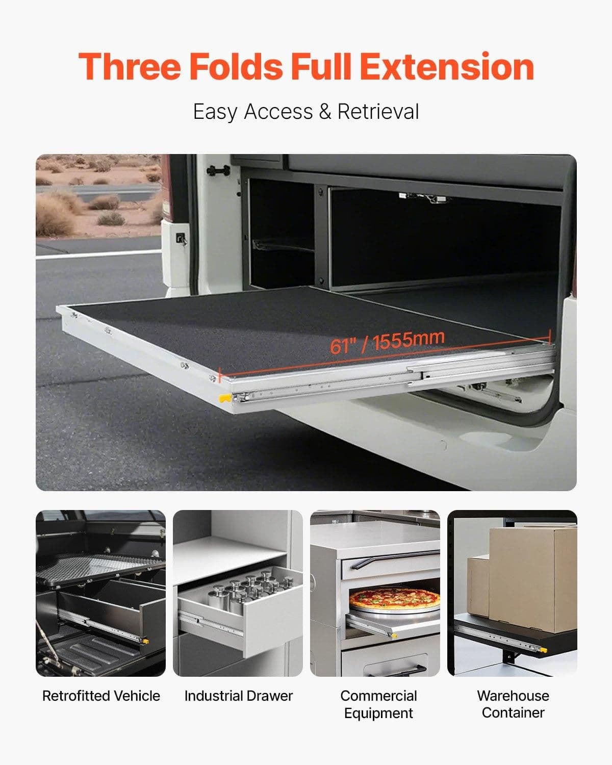 image-VEVOR 1 Pair Full Extension Drawer Slides 18 20 22 28 30 32 36 38 40 44 48 52 56 60 in, 500 lbs Load Capacity Locking Drawer Slides, Ball Bearing with Lock Side Mount Drawer Slide Rail