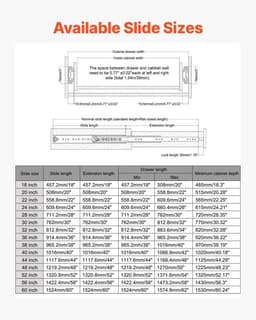 image-VEVOR 1 Pair Full Extension Drawer Slides 18 20 22 28 30 32 36 38 40 44 48 52 56 60 in, 500 lbs Load Capacity Locking Drawer Slides, Ball Bearing with Lock Side Mount Drawer Slide Rail