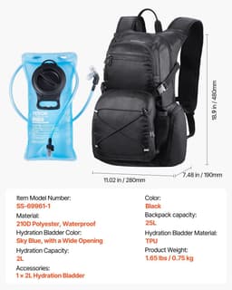 image-VEVOR Hydration Backpack, 25L Insulated Hydration Pack Backpack with 2L TPU Water Bladder, Hiking Water Backpack with Storage for Men Women, Hydro Water Daypack for Hiking Running Cycling Camping