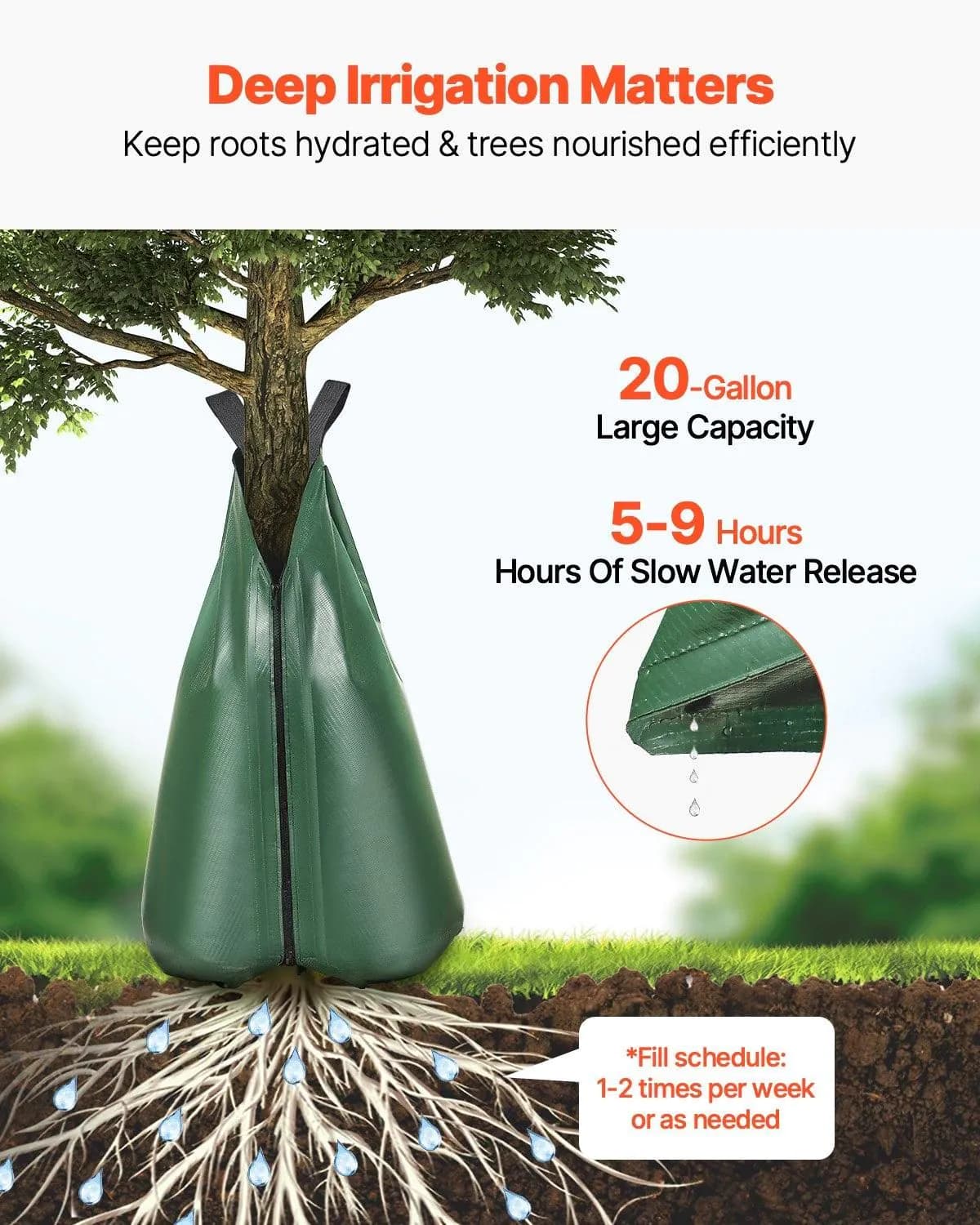 image-VEVOR Tree Watering Bag, 3 Packs 20 Gallons Watering Bags for New Trees, 5-9 Hours Slow Release Refillable Tree Drip Irrigation Bags with Zipper, Durable Tree Watering System for Deep Root Targeting