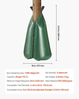 image-VEVOR Tree Watering Bag, 3 Packs 20 Gallons Watering Bags for New Trees, 5-9 Hours Slow Release Refillable Tree Drip Irrigation Bags with Zipper, Durable Tree Watering System for Deep Root Targeting