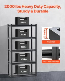 image-VEVOR Storage Shelves, 2000 lbs, 5 Tier Garage Storage Shelving, 16" D x 32" W x 63" H Adjustable Metal Shelves for Garage Shelves Utility Rack Shelf, Ideal for Kitchen, Warehouse, Basement, Black