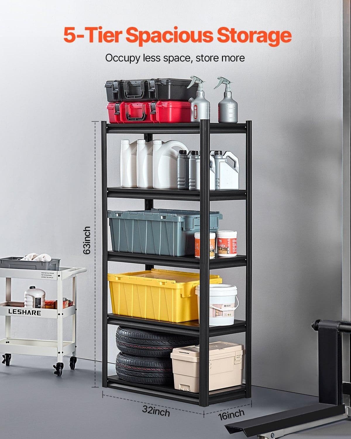 image-VEVOR Storage Shelves, 2000 lbs, 5 Tier Garage Storage Shelving, 16" D x 32" W x 63" H Adjustable Metal Shelves for Garage Shelves Utility Rack Shelf, Ideal for Kitchen, Warehouse, Basement, Black