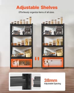 image-VEVOR Storage Shelves, 2000 lbs, 5 Tier Garage Storage Shelving, 16" D x 32" W x 63" H Adjustable Metal Shelves for Garage Shelves Utility Rack Shelf, Ideal for Kitchen, Warehouse, Basement, Black