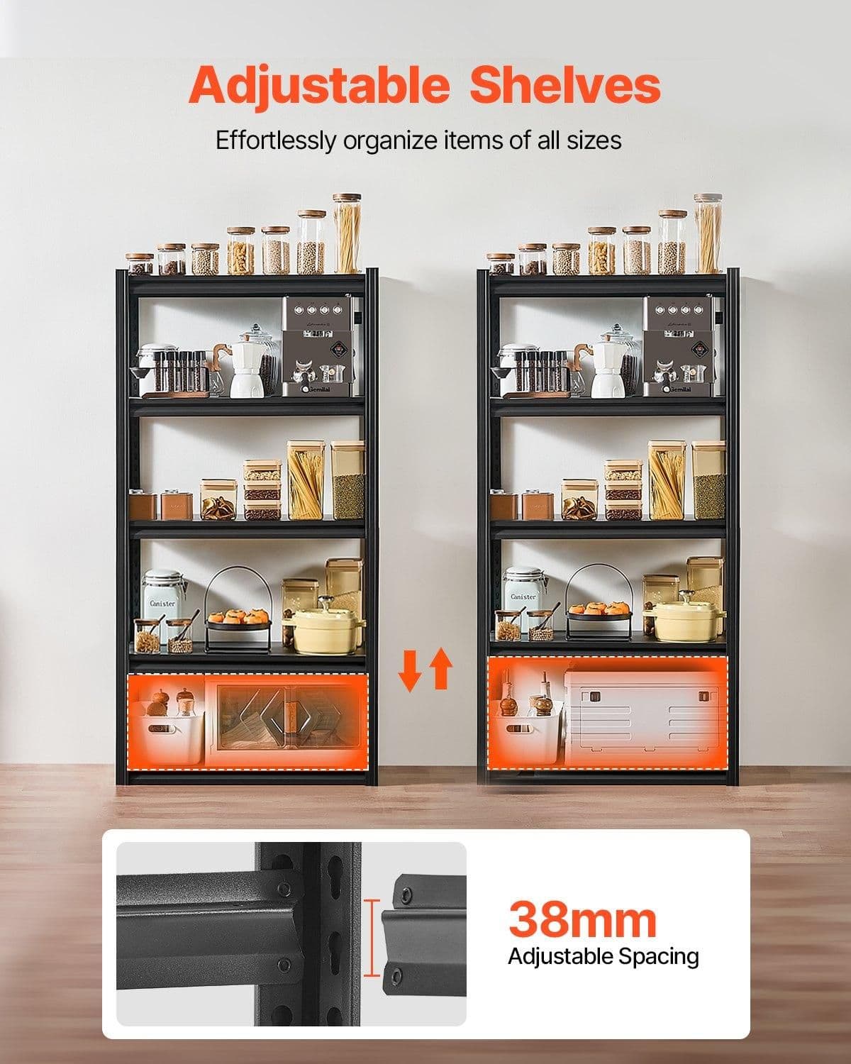 image-VEVOR Storage Shelves, 2000 lbs, 5 Tier Garage Storage Shelving, 16" D x 32" W x 63" H Adjustable Metal Shelves for Garage Shelves Utility Rack Shelf, Ideal for Kitchen, Warehouse, Basement, Black