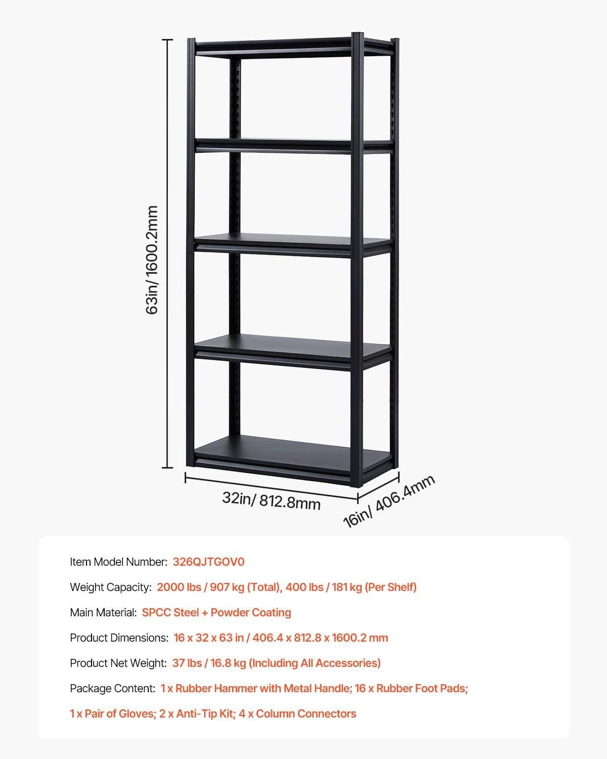 image-VEVOR Storage Shelves, 2000 lbs, 5 Tier Garage Storage Shelving, 16" D x 32" W x 63" H Adjustable Metal Shelves for Garage Shelves Utility Rack Shelf, Ideal for Kitchen, Warehouse, Basement, Black