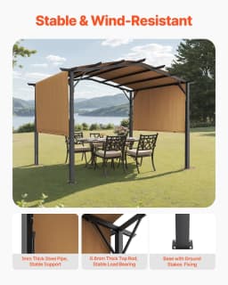 image-VEVOR 10 x 10 ft Outdoor Pergola, Arched Top Metal Pergola, Retractable Pergola with Sun Shade Canopy, Large Patio Shelter Pavilion, Heavy Duty Garden Pergola for Deck Backyard Porch Poolside