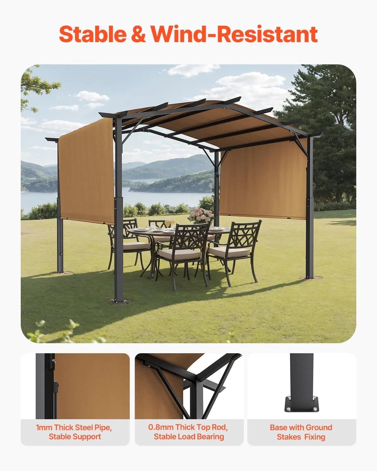 image-VEVOR 10 x 10 ft Outdoor Pergola, Arched Top Metal Pergola, Retractable Pergola with Sun Shade Canopy, Large Patio Shelter Pavilion, Heavy Duty Garden Pergola for Deck Backyard Porch Poolside