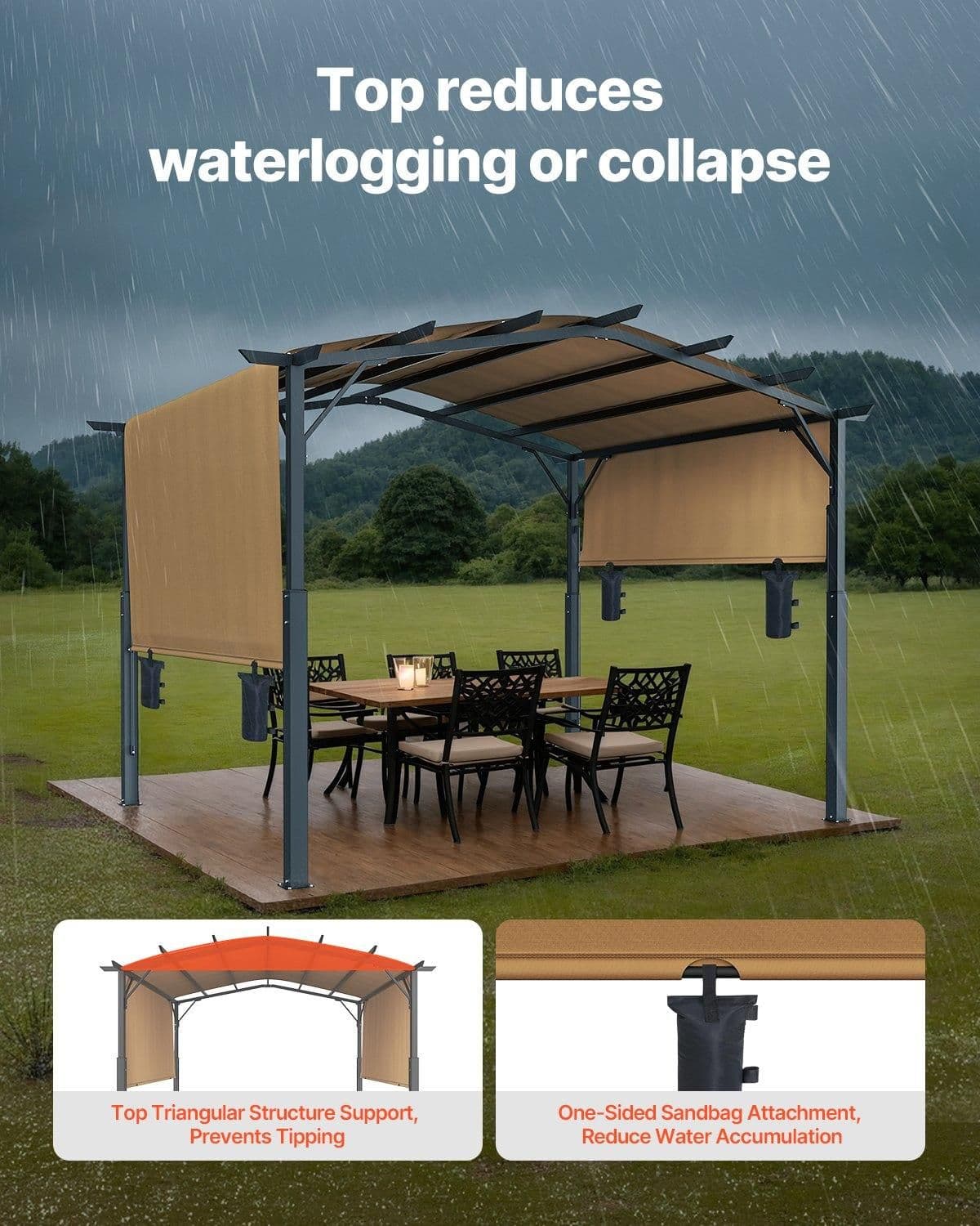 image-VEVOR 10 x 10 ft Outdoor Pergola, Arched Top Metal Pergola, Retractable Pergola with Sun Shade Canopy, Large Patio Shelter Pavilion, Heavy Duty Garden Pergola for Deck Backyard Porch Poolside