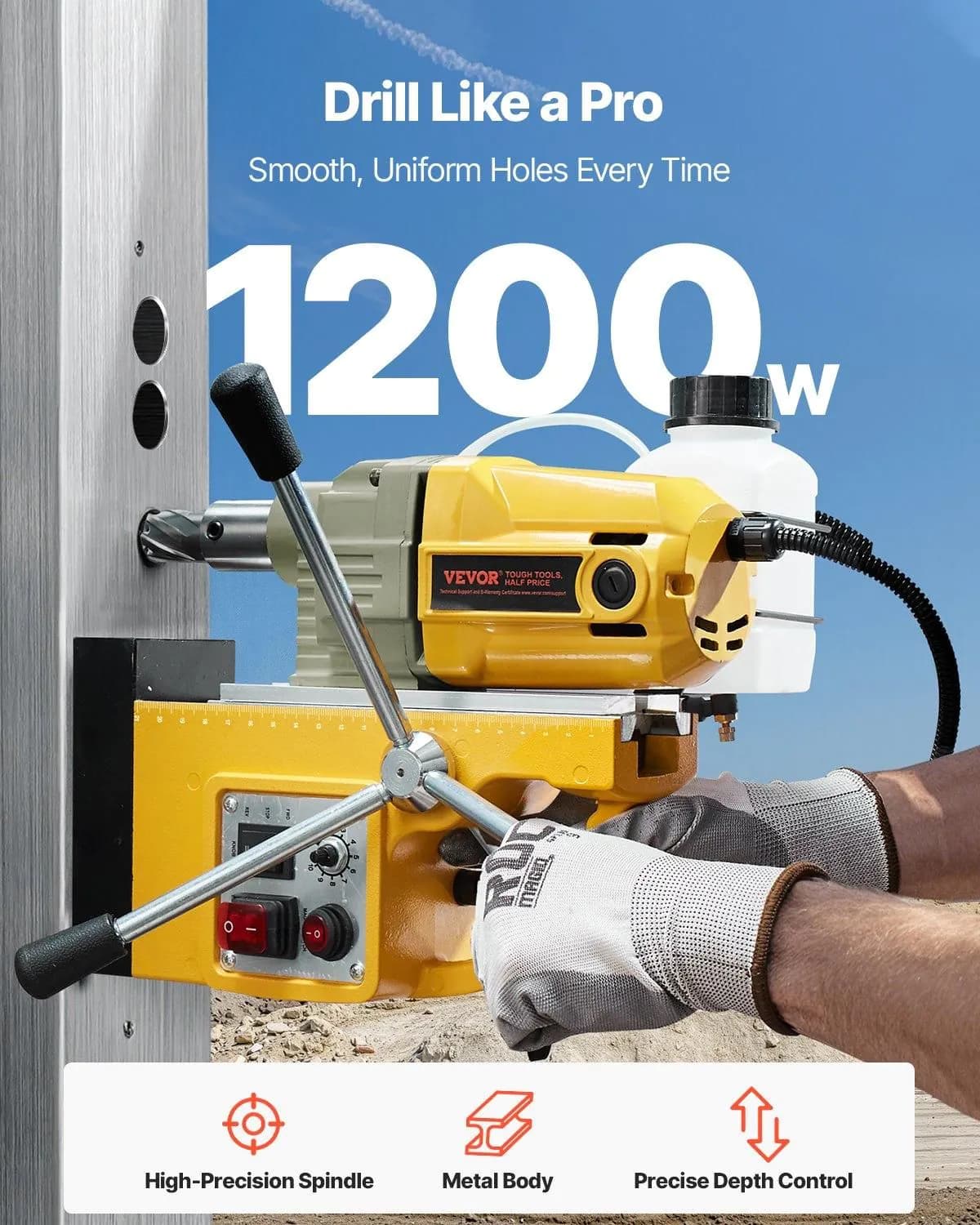image-VEVOR Magnetic Drill, 1200W Motor 1.6 in Boring Diameter, 2810 lbf Electric Mag Drill Press, with 2 Coring Bits, Variable Speed, Drilling Machine for Metal Surface, Home Improvement Industry, Yellow