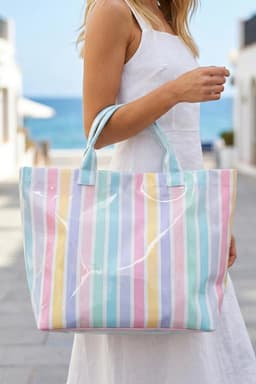 image-Black Glossy Striped Vinyl Large Tote Bag
