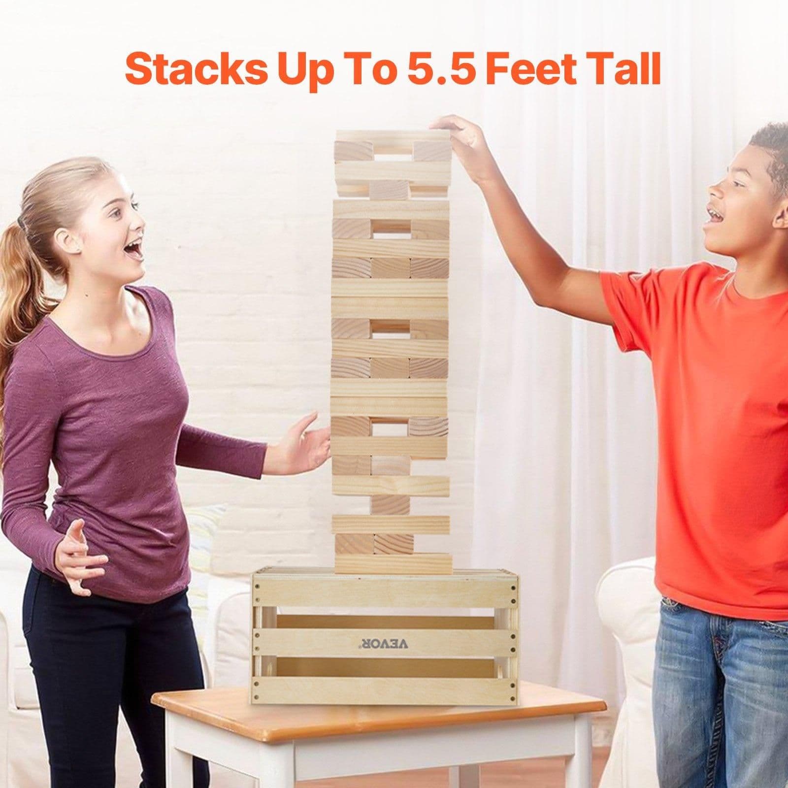image-VEVOR Tumbling Timber Toy, 60 Blocks Giant Tumble Tower Blocks Game, Pine Wood Tumbling Tower Game with Storage Crate and Scoreboard, Wooden Stacking Game, Tumble Tower Family Games for Indoor/Outdoor