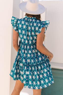 image-Sierra Retro Floral Ruffle Short Sleeve Mini Dress - Black