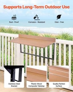 image-VEVOR Balcony Hanging Table, 15 x 39 in Folding Balcony Railing Table, Outdoor Balcony Bar Table for Railings, 5-Level Adjustable, Fit Railing from 1" to 5.3", Serving Table for Patio & Deck