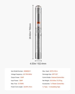 image-VEVOR Deep Well Submersible Pump, 1 HP Output Power, 115V, 31.7 GPM Flow 207 ft Head, with 32.81 ft Cord External Control Box, Stainless Steel Water Pump, for Industrial Irrigation and Home Use, IP68