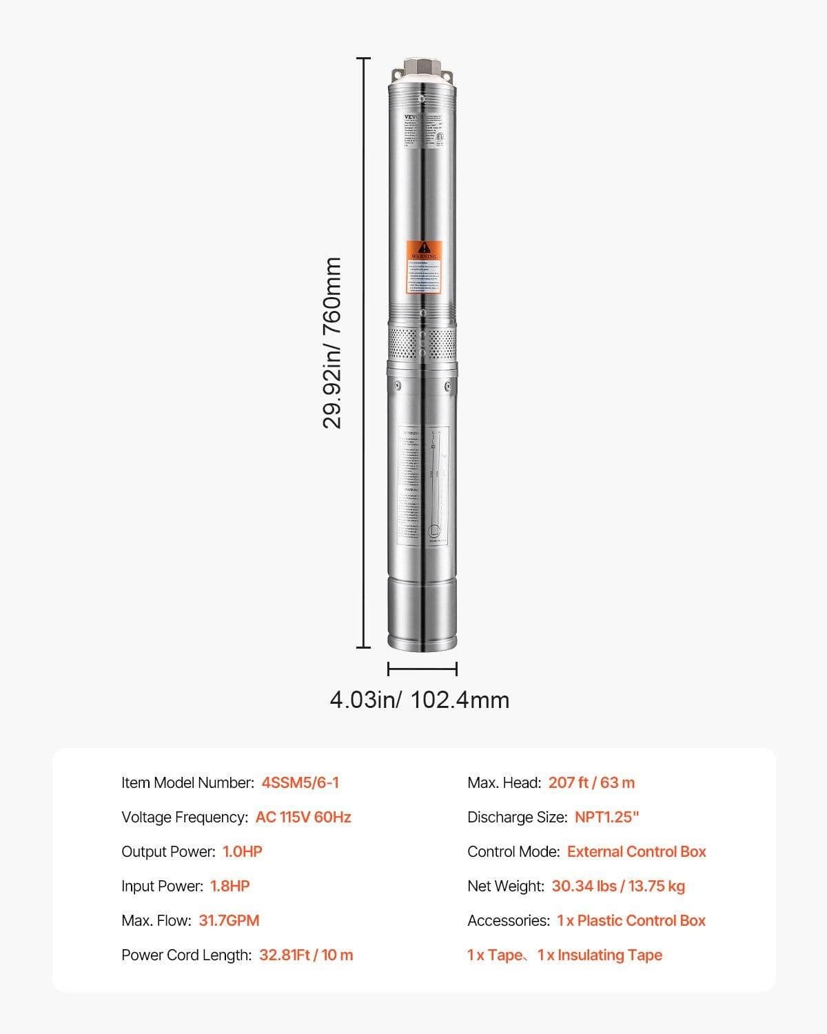 image-VEVOR Deep Well Submersible Pump, 1 HP Output Power, 115V, 31.7 GPM Flow 207 ft Head, with 32.81 ft Cord External Control Box, Stainless Steel Water Pump, for Industrial Irrigation and Home Use, IP68