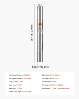image-VEVOR Deep Well Submersible Pump, 1.5 HP Output Power, 115V, 31.7 GPM Flow 276 ft Head, with 32.81 ft Cord, Stainless Steel Water Pump, for Industrial, Irrigation, and Home Use, IP68 Waterproof Grade