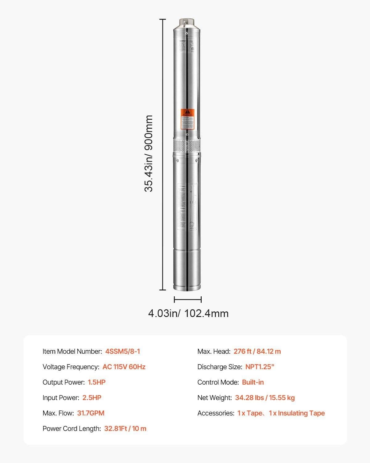 image-VEVOR Deep Well Submersible Pump, 1.5 HP Output Power, 115V, 31.7 GPM Flow 276 ft Head, with 32.81 ft Cord, Stainless Steel Water Pump, for Industrial, Irrigation, and Home Use, IP68 Waterproof Grade