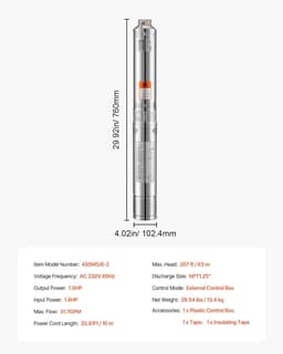 image-VEVOR Deep Well Submersible Pump, 1 HP Output Power, 230V, 31.7 GPM Flow 207 ft Head, with 32.81 ft Cord External Control Box, Stainless Steel Water Pump, for Industrial Irrigation and Home Use, IP68