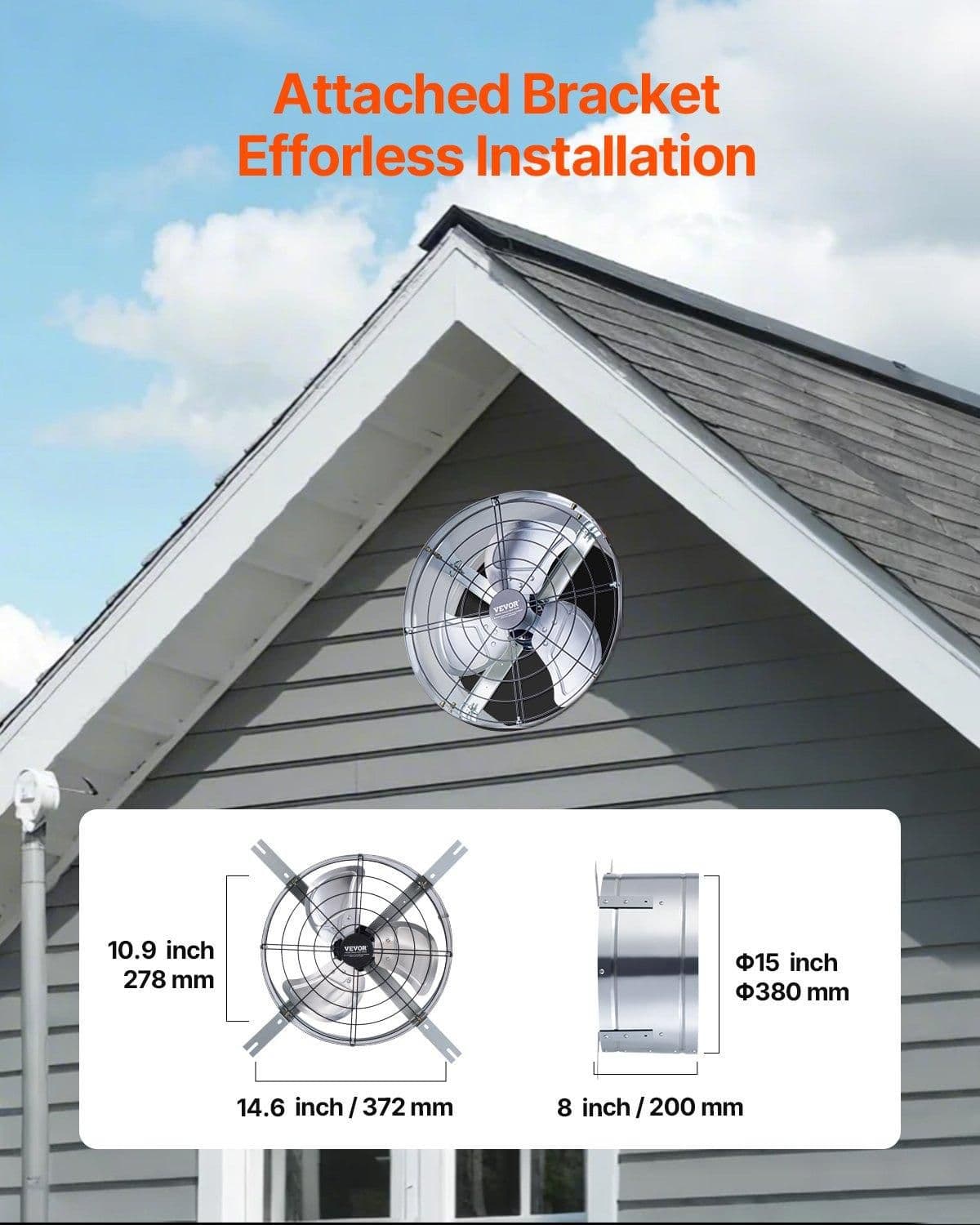 image-VEVOR Gable Mount Fan, 15 Inch Attic Exhaust Fan with Adjustable Thermostat & Outer Mesh, 1300 CFM House Ventilator Cools Up to 1850 Sq.Ft, Quiet Ventilation for Roof, Garage & Shop, Galvanized Color