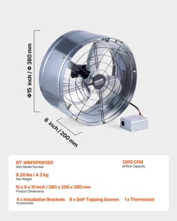 image-VEVOR Gable Mount Fan, 15 Inch Attic Exhaust Fan with Adjustable Thermostat & Outer Mesh, 1300 CFM House Ventilator Cools Up to 1850 Sq.Ft, Quiet Ventilation for Roof, Garage & Shop, Galvanized Color