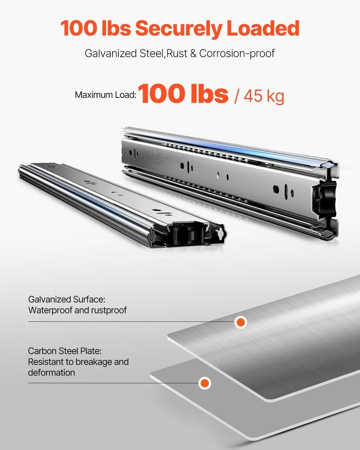 image-VEVOR Drawer Slides, 18 inch, 10 Pairs Full Extension Ball Bearing Cabinet Rails, 100 LB Load Capacity Heavy Duty Side Mount Dresser Drawer Slides, Drawer Track Runners for Kitchen DIY Replacement