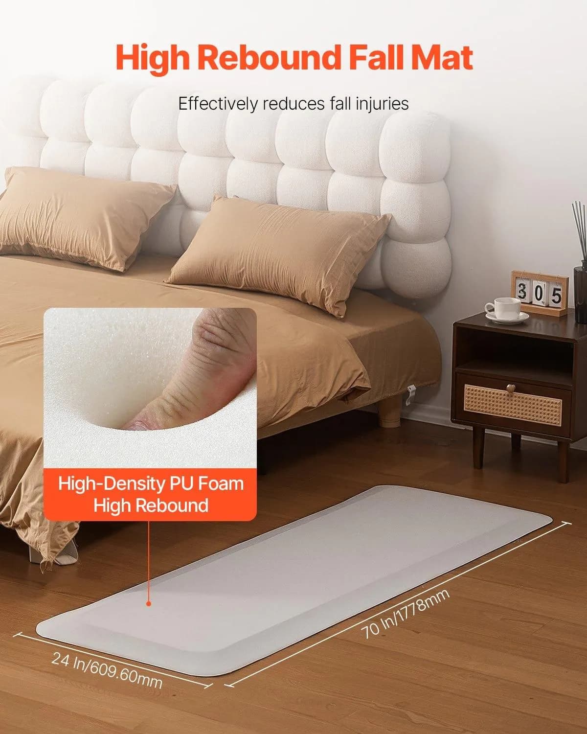 image-VEVOR Fall Mat for Elderly, 3/4-inch Thickened Fall Prevention Pad with Beveled Edge, Anti-Slip Bedside Safety Floor Mat for Seniors, Handicaps, Patients (24 x 70 inch)