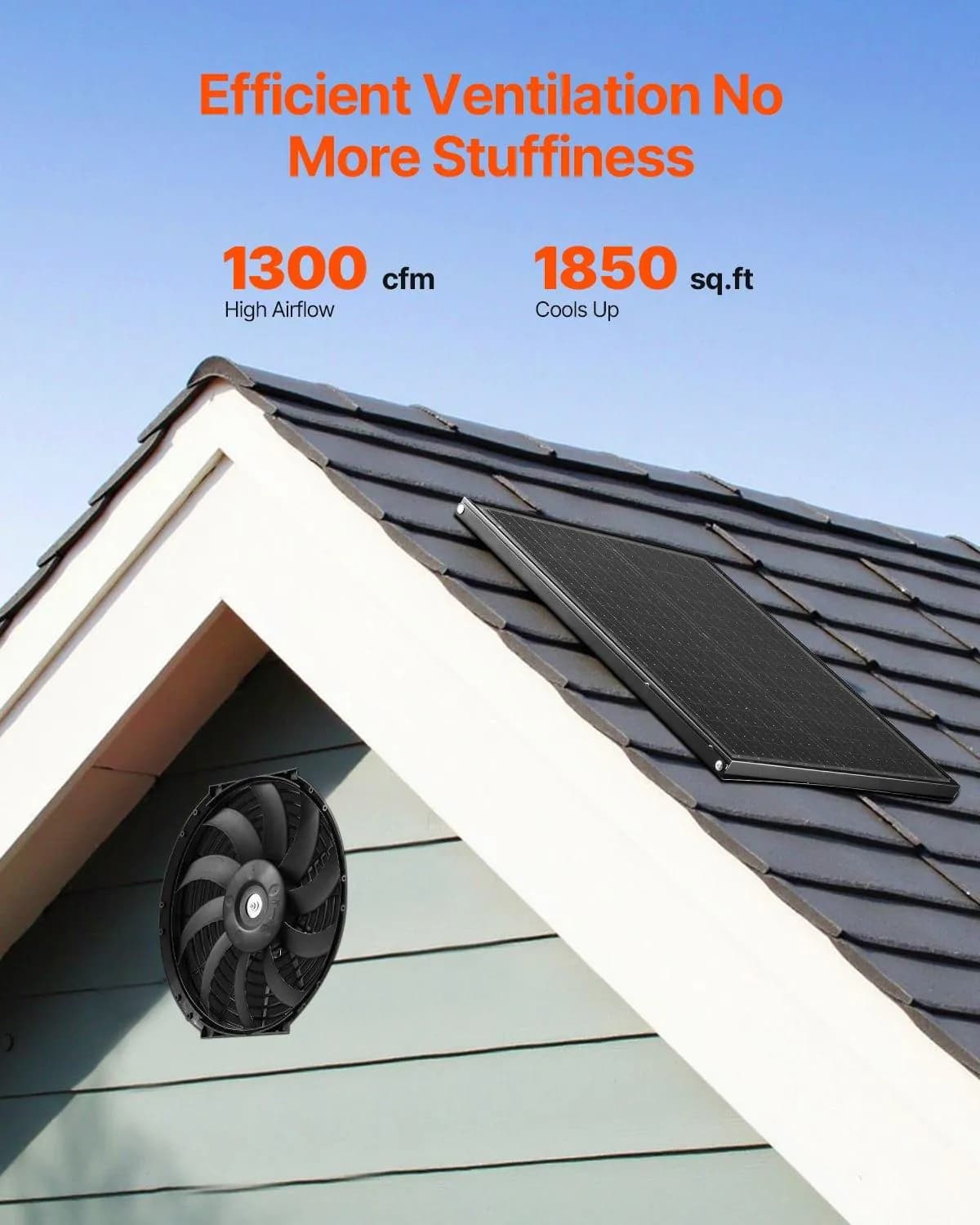 image-VEVOR Gable Mount Fan, 12 Inch Solar Power Attic Exhaust Fan with Adjustable Thermostat & Outer Mesh, 1300 CFM House Ventilator Cools Up to 1850 Sq.Ft, Quiet Ventilation for Roof, Garage, Shop, Black