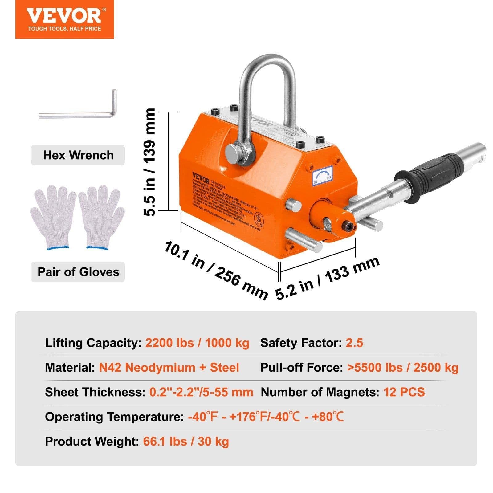 image-VEVOR Magnetic Lifter, 2200lbs/1000kg Pulling Capacity, 2.5 Safety Factor, Neodymium & Steel, Lifting Magnet with Release, Permanent Lift Magnets, Heavy Duty Magnet for Hoist, Shop Crane, Block, Board