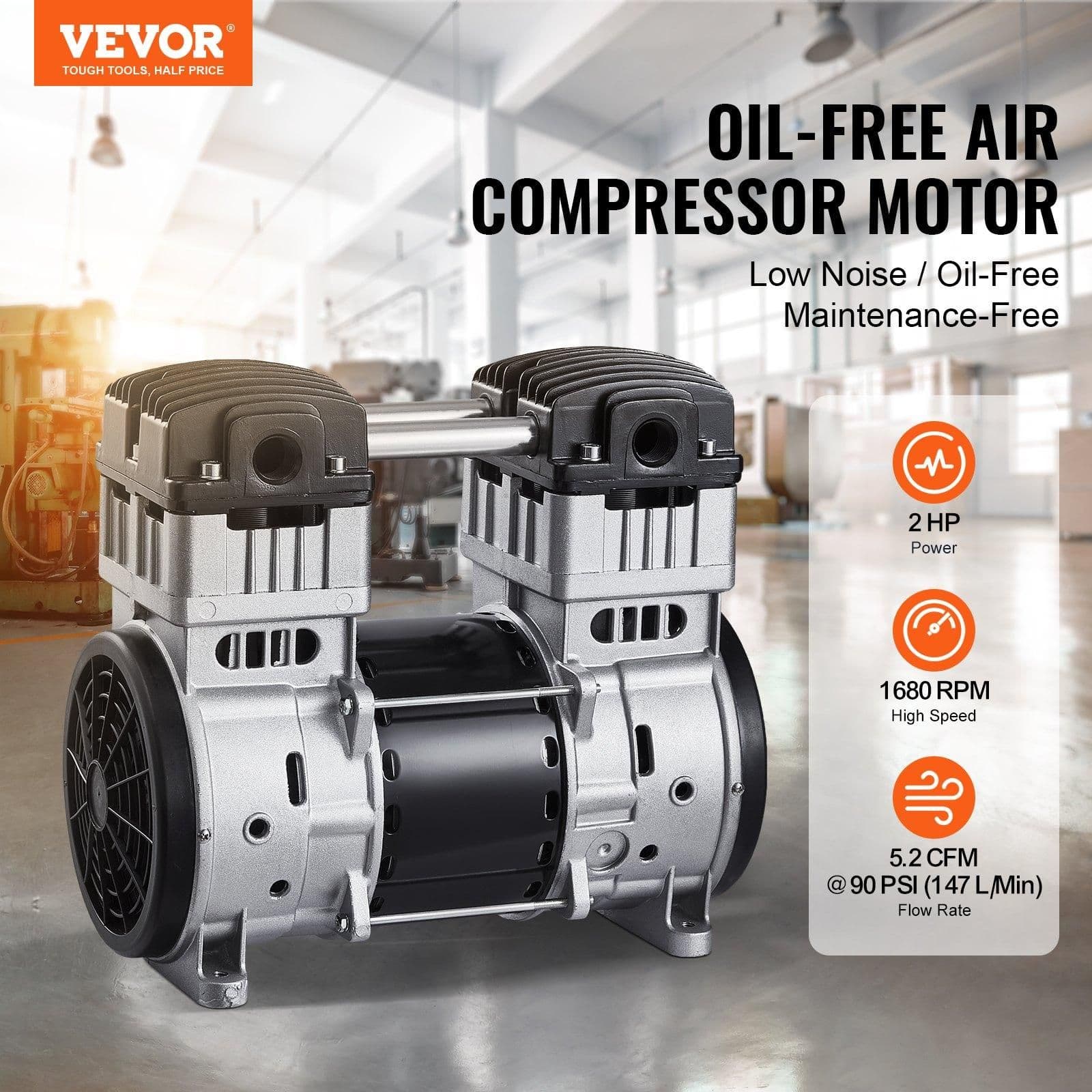 image-VEVOR Air Compressor Motor, 2HP 5.2CFM @ 90PSI Oil Free Air Compressor Pump & Max. 145PSI Pressure, 78dB Ultra-Quiet Compressor Motor for Auto Repair, Tire Inflation, Spray Painting, Woodwork Nailing