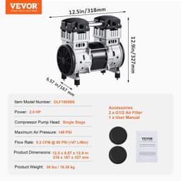 image-VEVOR Air Compressor Motor, 2HP 5.2CFM @ 90PSI Oil Free Air Compressor Pump & Max. 145PSI Pressure, 78dB Ultra-Quiet Compressor Motor for Auto Repair, Tire Inflation, Spray Painting, Woodwork Nailing