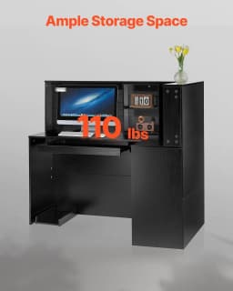 image-VEVOR Reception Desk, 55Inch L-Shaped Front Counter Table, Office Reception Counter with Drawer Keyboard Tray and Storage Cabinet, for Checkout, Lobby, Beauty Salon & Office, Black