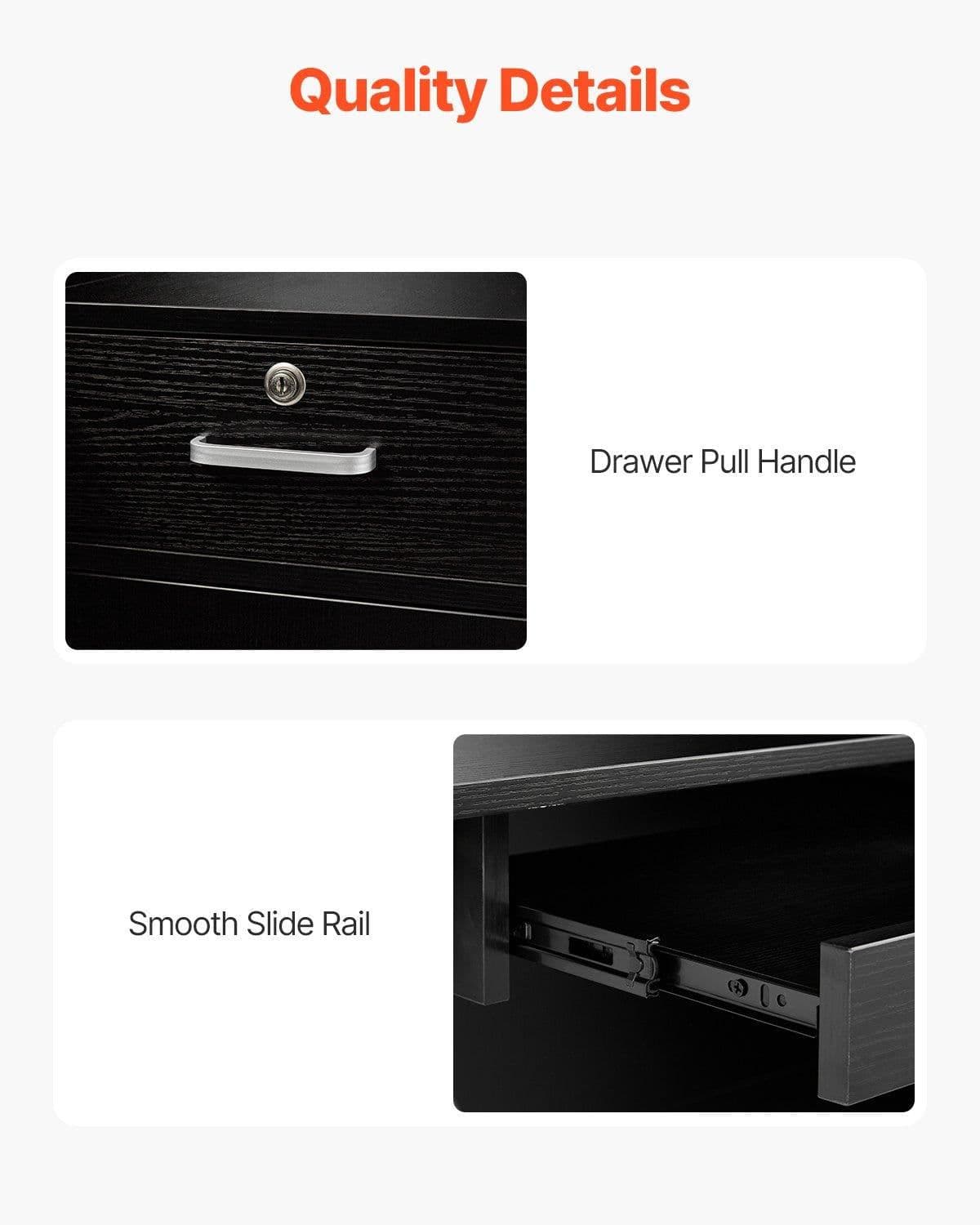 image-VEVOR Reception Desk, 55Inch L-Shaped Front Counter Table, Office Reception Counter with Drawer Keyboard Tray and Storage Cabinet, for Checkout, Lobby, Beauty Salon & Office, Black